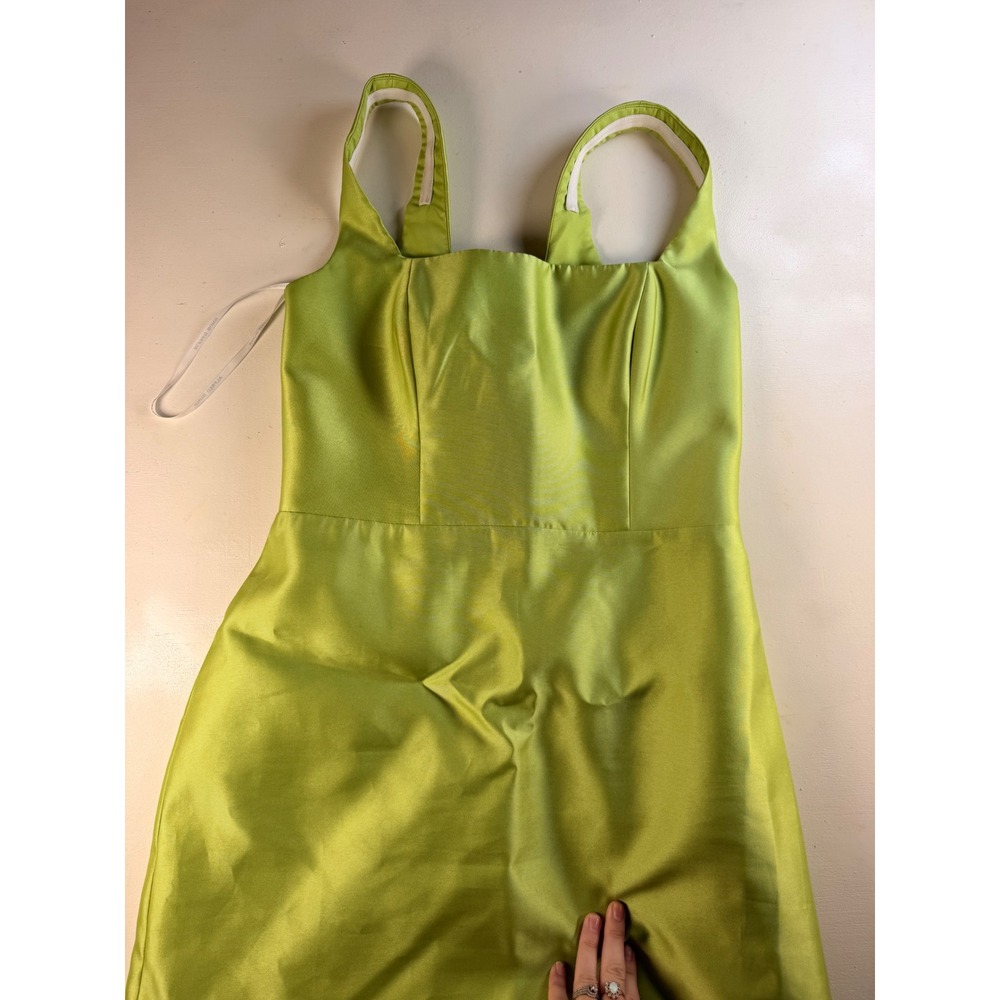 Alfred Sung Satin Dress Women Size 2 Lime Green Y2K Elegant Square Neck Formal